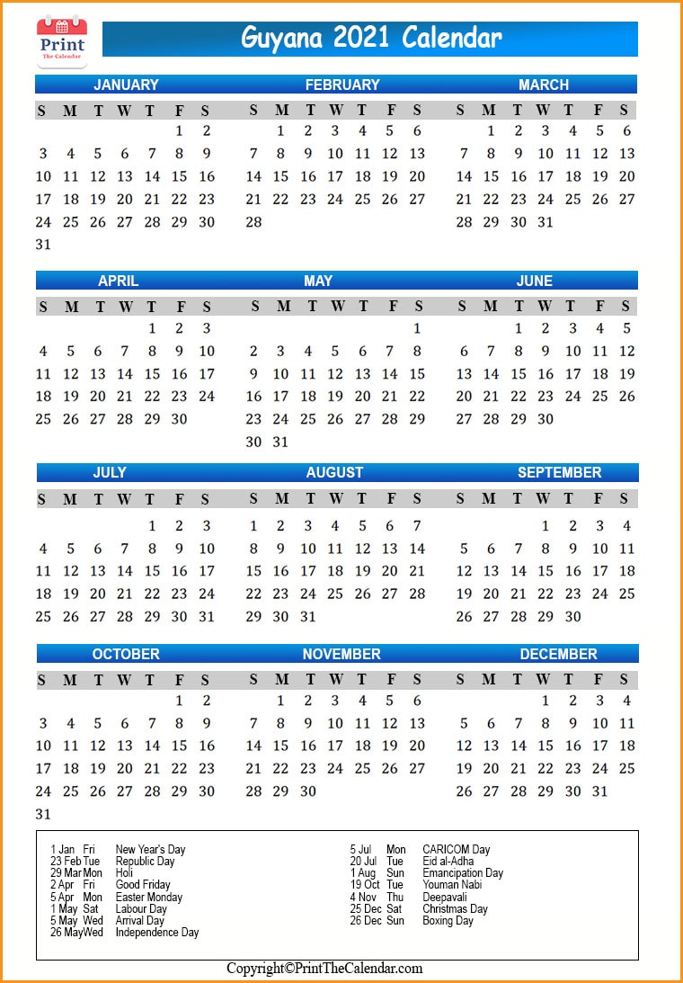Guyana Calendar 2021